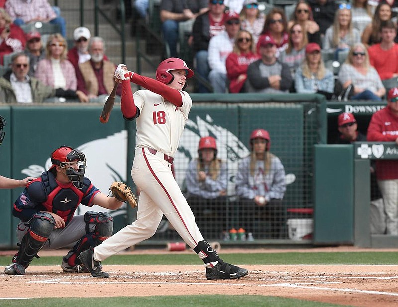 Arkansas outfielder Heston Kjerstad, who had 37 home runs and 129 RBI in two-plus seasons with the Razorbacks, is expected to be selected early in the first round of the Major League Baseball Draft, which begins tonight. (NWA Democrat-Gazette/J.T. Wampler) 
