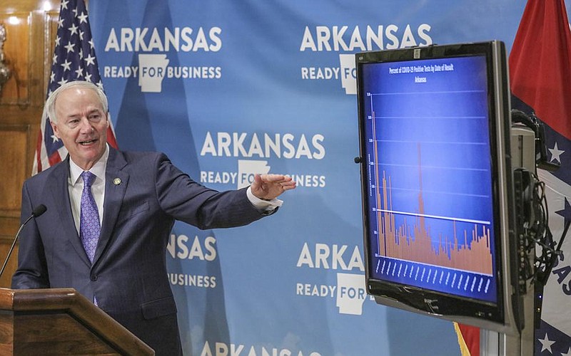 Governor Asa Hutchinson gestures toward a chart during his daily briefing on the states response to the covid-19 outbreak. The event was held Thursday afternoon, June 11, 2020, at the state capitol, in the governors conference room. (Arkansas Democrat-Gazette/ John Sykes Jr.)