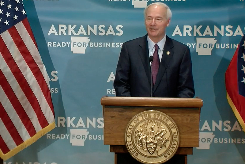 Arkansas Gov. Asa Hutchinson speaks to reporters at the state Capitol in Little Rock on Friday in this still captured from video provided by the governor's office. 