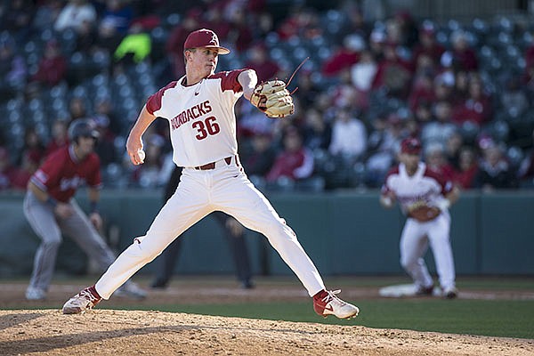 Arkansas pitcher Peyton Pallette throws during a game against South Alabama on Friday, March 6, 2020, in Fayetteville. 