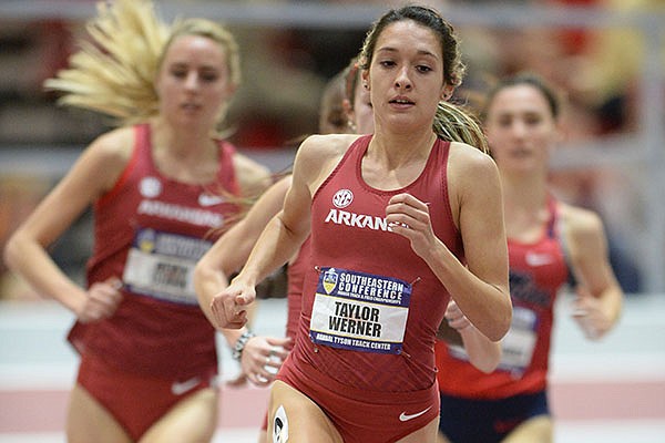 Arkansas' Taylor Werner leads the pack as she competes Saturday, Feb. 23, 2019, in the 3,000 meters during the Southeastern Conference Indoor Track and Field Championship at the Randal Tyson Track Center in Fayetteville. 