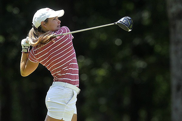 Arkansas golfer Brooke Matthews tees off on the ninth hole during the final round of the Arkansas State Golf Association's Women's Stroke Play Championship on Wednesday, June 17, 2020, at Chenal Country Club in Little Rock.