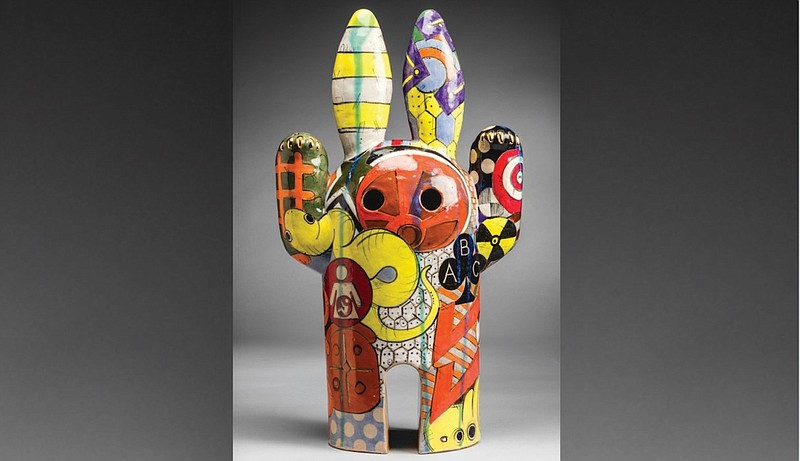 "Rocket Rabbit" by Aaron Calvert won the Grand Award at the Arkansas Arts Center’s “62nd Annual Delta Exhibition” at an online presentation. Calvert’s stoneware, underglaze and gold ceramic enamel sculptural work was one of the winners announced by guest juror Stefanie Fedor, executive director of the Visual Arts Center of Richmond in Virginia. The exhibition opens Friday at arkansasartscenter.org. (Courtesy Arkansas Arts Center)