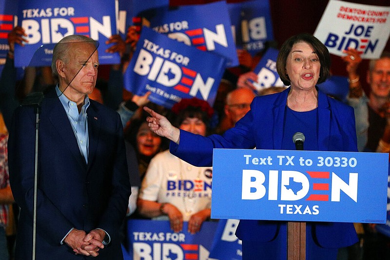 FILE - In this Monday, March 2, 2020, file photo, Sen. Amy Klobuchar, D-Minn., endorses Democratic presidential candidate and former Vice President Joe Biden at a campaign rally in Dallas.