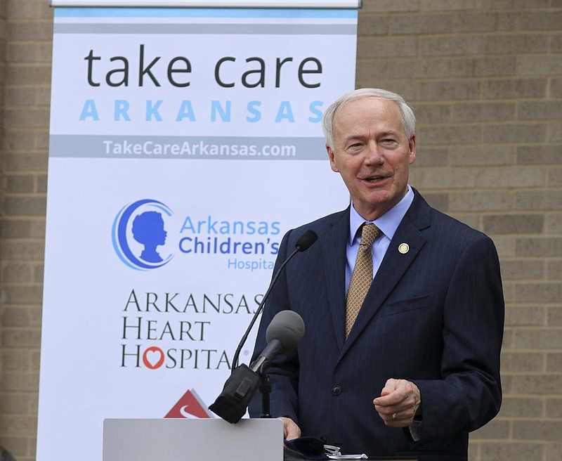 Gov. Asa Hutchinson speaks Tuesday June 23, 2020 at the kickoff event for the Take Care Arkansas campaign at the Little Rock Regional Chamber of Commerce. The four week campaign is a partnership among Fifty for the Future, Arkansas Blue Cross Blue Shield and central Arkansas's six leading hospitals. See more photos at arkansasonline.com/624care/. (Arkansas Democrat-Gazette/Staton Breidenthal)