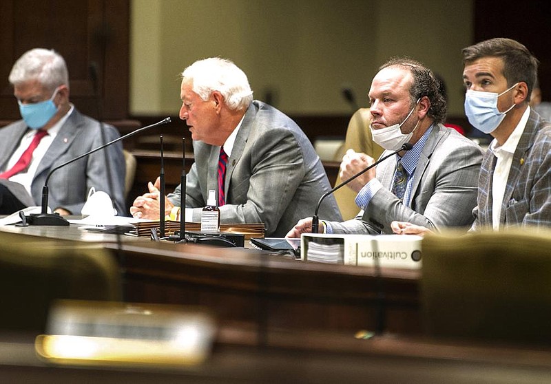 Members of the State Agencies and Governmental Affairs joint committee listen Tuesday to marijua- na industry representatives as they discuss problems with the state’s current law. (Arkansas Democrat-Gazette/Stephen Swofford) 