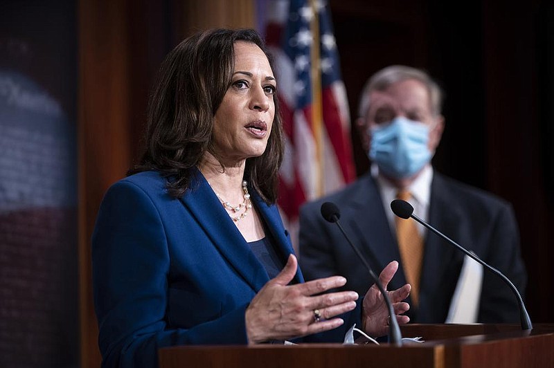 Sen. Kamala Harris, D-Calif., addresses a news conference on Capitol Hill, in Washington, Tuesday, June 23, 2020. Senate Democrats on Tuesday signaled that they would block Republicans’ attempts to advance a narrow bill to change policing practices, rejecting the measure as “woefully inadequate” and calling on Senator Mitch McConnell to negotiate a more expansive one that both parties could support. (Al Drago/The New York Times)