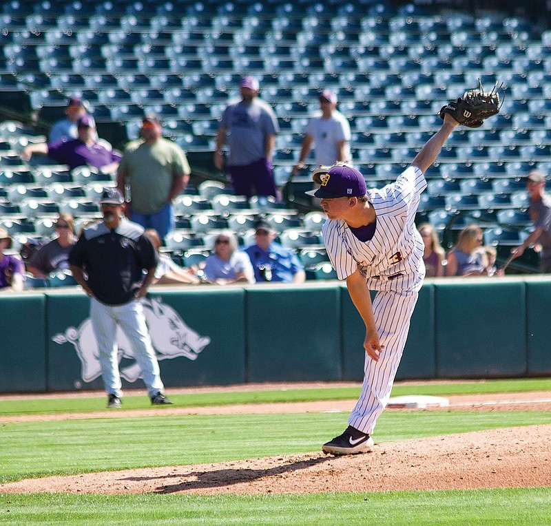 Elizabeth Green/For the News-Times In this file photo, Junction City's Keelan Hodge throws a pitch during the 2019 2A state finals against Woodlawn in Fayetteville.