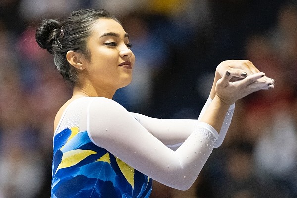 UCLA's Felicia Hano during an NCAA gymnastics meet on Saturday, Jan. 4, 2020 in Anaheim, Calif. (AP Photo/Kyusung Gong)