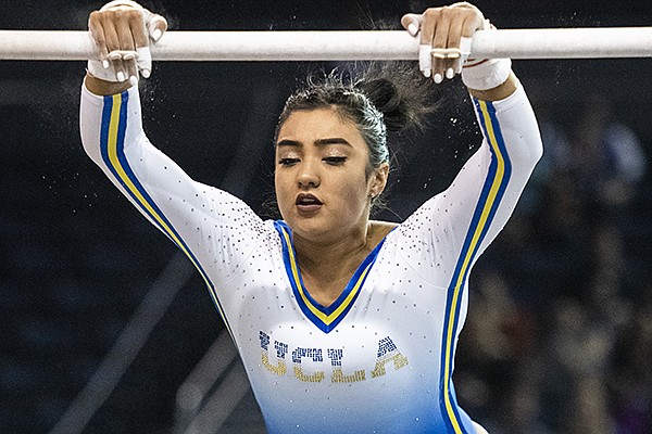 UCLA's Felicia Hano during an NCAA gymnastics meet on Friday, Jan. 31, 2020 in Los Angeles. (AP Photo/Kyusung Gong)

