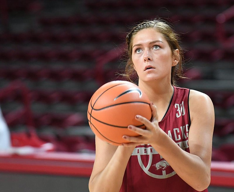 Before signing to play basketball at Arkansas, Macy Weaver was a high-level high school softball player at Stillman Valley, Ill., where she was a catcher before outgrowing the position.
(NWA Democrat-Gazette/Charlie Kaijo)