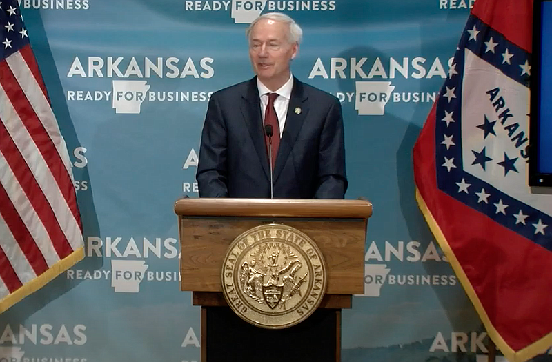 Arkansas Gov. Asa Hutchinson speaks to reporters at the state Capitol in Little Rock on Monday in this still of video provided by the governor's office. story.lead_photo.caption