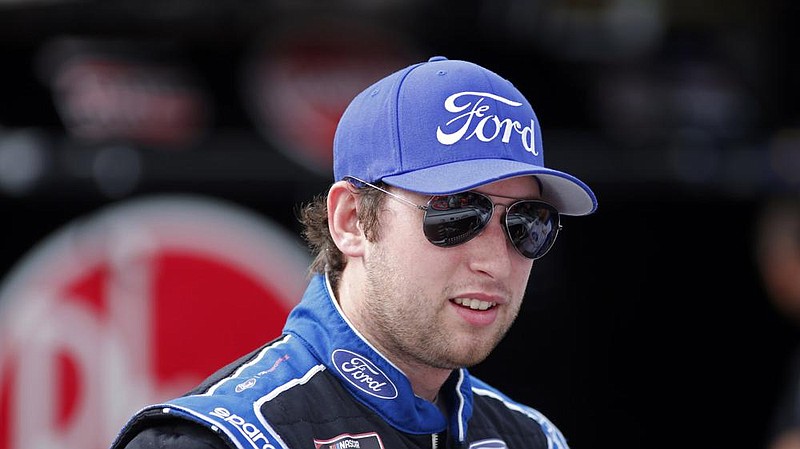 Driver Chase Briscoe is seen in the pits before practice for an NASCAR Xfinity Series auto race on Thursday, Aug. 15, 2019, in Bristol, Tenn. (AP Photo/Wade Payne)