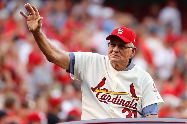 Dick Hughes, a member of the St. Louis Cardinals' 1967 World Series championship team, takes part in a ceremony honoring the 50th anniversary of the victory before the start of a baseball game between the St. Louis Cardinals and the Boston Red Sox Wednesday, May 17, 2017, in St. Louis. (AP Photo/Jeff Roberson)