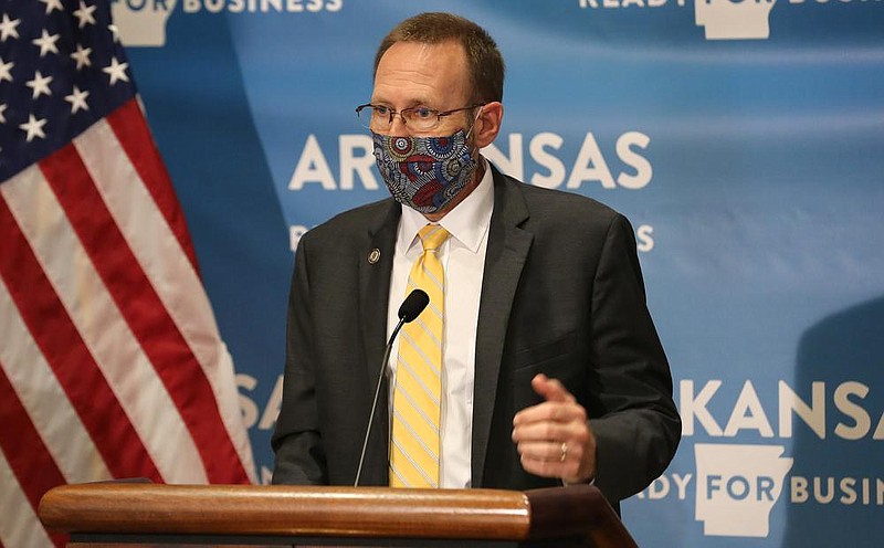 Dr. Nate Smith, Arkansas Secretary of Health, answers a question during the daily COVID-19 briefing on Wednesday, July 1, at the state Capitol in Little Rock. (Arkansas Democrat-Gazette/Thomas Metthe)