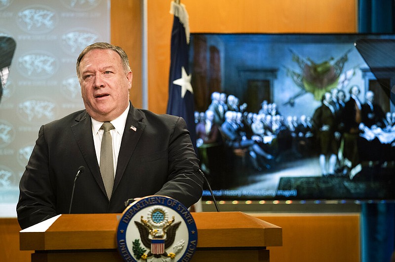 Secretary of State Mike Pompeo, speaks during a news conference at the State Department, Wednesday, July 1, 2020, in Washington. 