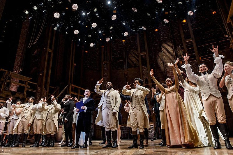 Miguel Cervantes and the cast of “Hamilton” take a curtain call after the final production of the show in Chicago on Jan. 5 at the CIBC Theatre. A filmed version of the mega-hit Broadway show airs Friday on Disney Plus.
(Chicago Tribune/TNS/Brian Cassella)