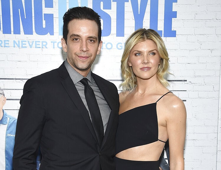 Actor Nick Cordero and his wife, Amanda Kloots, attend the premiere of "Going in Style" in New York in this March 30, 2017, file photo. Cordero, a Tony Award-nominated actor who specialized in playing tough guys on Broadway in such shows as “Waitress,” “A Bronx Tale” and “Bullets Over Broadway,” died in Los Angeles on Sunday, July 5, 2020, after suffering severe medical complications after contracting the coronavirus. He was 41.