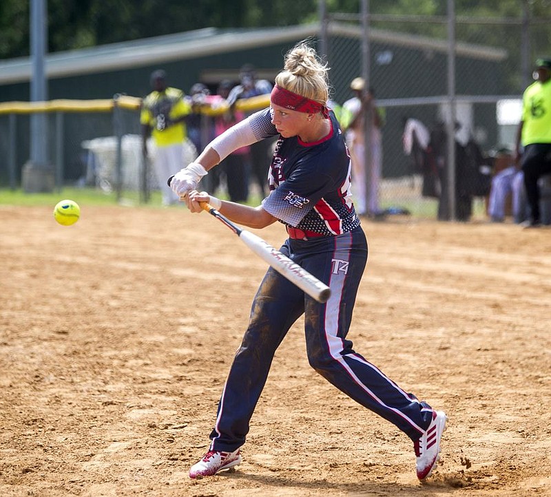 Sara Poteat, of Backman/Team 24 from Apollo Beach, Fla., fouls off a pitch against the Lady Brokers at the Busch Softball Classic at Sherwood Sports Complex on Saturday. Poteat said the coronavirus pandemic has made her appreciate softball even more. (Arkansas Democrat-Gazette/Stephen Swofford) 