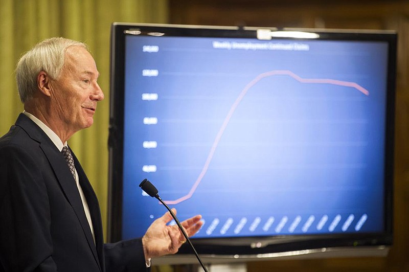 “We’ll see tomorrow, and we’ll see the next day” whether the drop in new cases reflects the drop in testing, Gov. Asa Hutchinson said Tuesday. More photos at arkansasonline. com/78gov/. 
(Arkansas Democrat-Gazette/ Stephen Swofford) 
