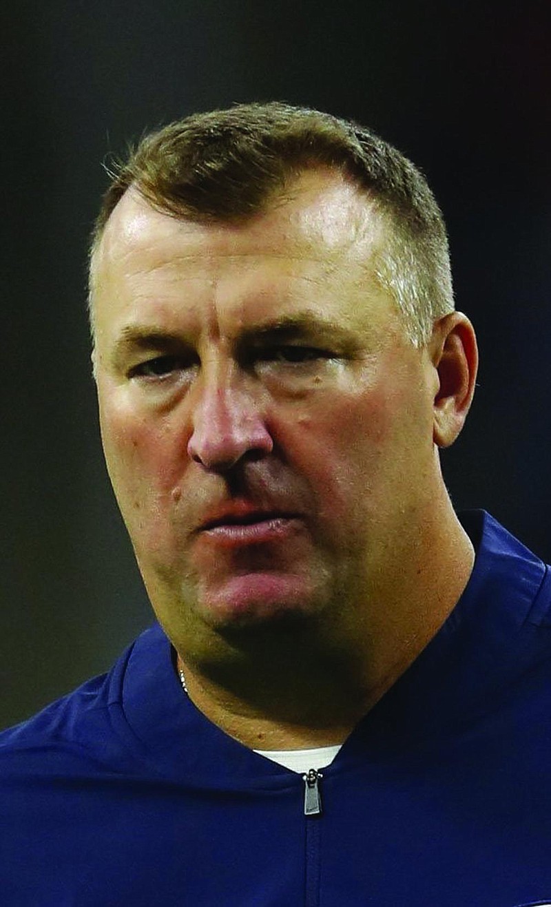 New England Patriots defensive line coach Bret Bielema watches during an NFL preseason football game against the Detroit Lions in Detroit, Thursday, Aug. 8, 2019. (AP Photo/Paul Sancya)