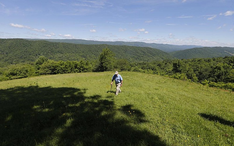 Hydrologist William K. Jones walks up a mountain in Bolar, Va., near the proposed route for the Atlantic Coast natural gas pipeline in 2017. The pipeline’s developers announced Sunday that they are canceling the project. (AP file photo) 