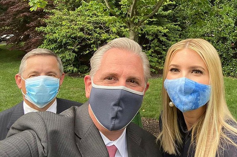 House Minority Leader Kevin McCarthy (center), R-Calif., takes a selfie with Rep. Bruce Westerman, R-Ark., and Ivanka Trump during an event on the White House grounds Wednesday. (Special to the Democrat-Gazette/Kevin McCarthy) 