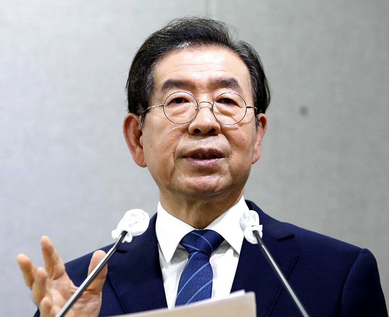 Seoul Mayor Park Won-soon speaks during a press conference at Seoul City Hall in Seoul, South Korea Wednesday, July 8, 2020. Police on Thursday, July 9, said the mayor of South Korean capital Seoul has been reported missing and search operations are underway. (Cheon Jin-hwan/Newsis via AP)

