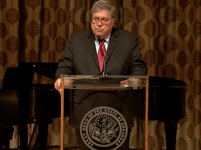 Atty. Gen. William Barr speaks to reporters at the Governor's Mansion in Little Rock on Thursday in this still of video provided by the governor's office. 
