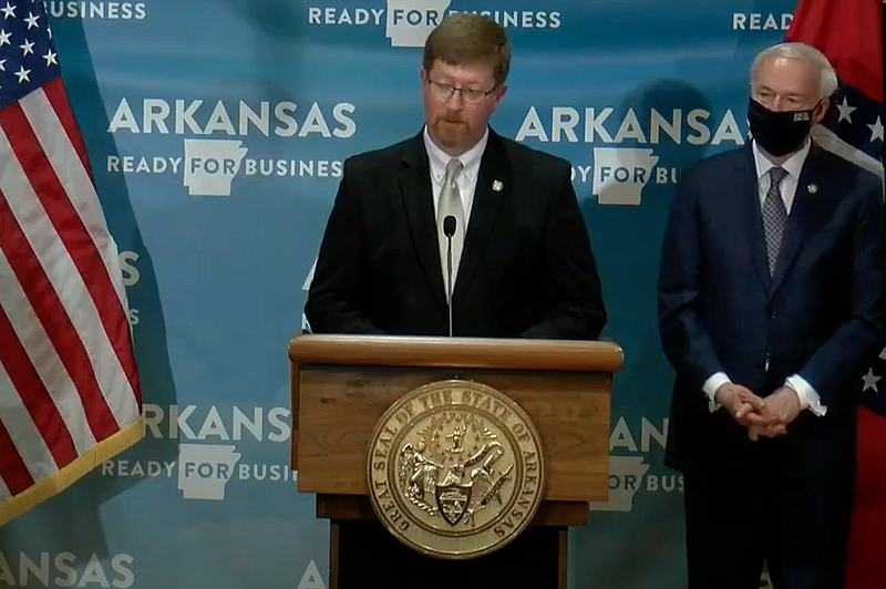 Arkansas Education Secretary Johnny Key speaks to reporters at the state Capitol in Little Rock in this still of video provided by the governor's office. 