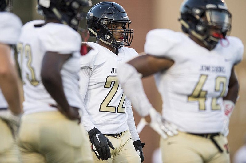  Jonesboro defensive lineman Jashaud Stewart (22) between plays during the game against the Conway Wampus Cats at John McConnell Stadium in Conway on September 13th 2019. 
(Arkansas Democrat-Gazette/Jeff Gammons)