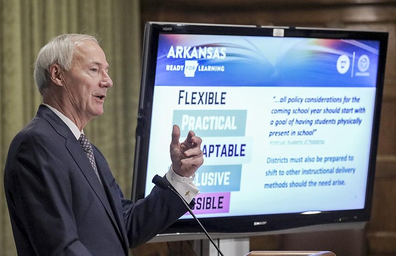 Governor Asa Hutchinson provided an update on the virus and the start date for public schools in the state. 
(Arkansas Democrat-Gazette/ John Sykes Jr.)