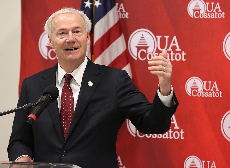 Gov. Asa Hutchinson answers a question during the daily COVID-19 press briefing on Friday, July 10, at the University of Arkansas Cossatot in DeQueen. (Arkansas Democrat-Gazette/Thomas Metthe)