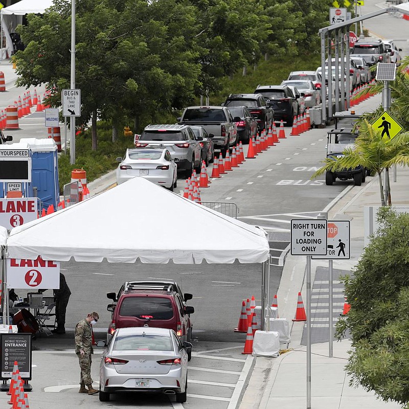 Vehicles line up Sunday at a covid-19 testing site outside the convention center in Miami Beach, Fla. More photos at arkansasonline.com/713covid/. (AP/Lynne Sladky) 