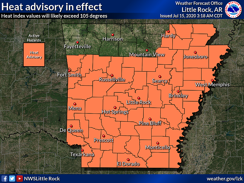 Heat advisory issued for most of Arkansas; heat indices well over 100 degrees expected The