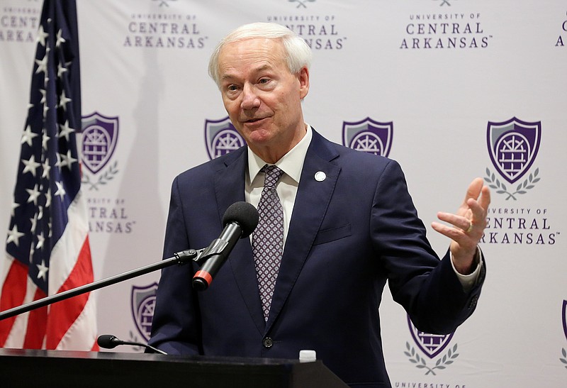 Gov. Asa Hutchinson answers a question during the daily covid-19 press briefing on Wednesday, July 15, 2020, at the University of Central Arkansas in Conway. (Arkansas Democrat-Gazette/Thomas Metthe)