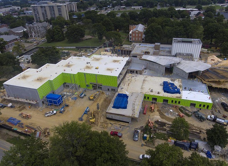 An overhead view Thursday shows the scale of the work on the new Arkansas Arts Center in Little Rock’s MacArthur Park. (Arkansas Democrat-Gazette/Staton Breidenthal) 