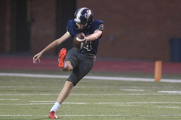 Kicker Cameron Little of Southmoore punts the ball during a game Friday, Sept. 21, 2018, in Moore, Okla. (Photo Courtesy Kyle Phillips/The Norman Transcript)