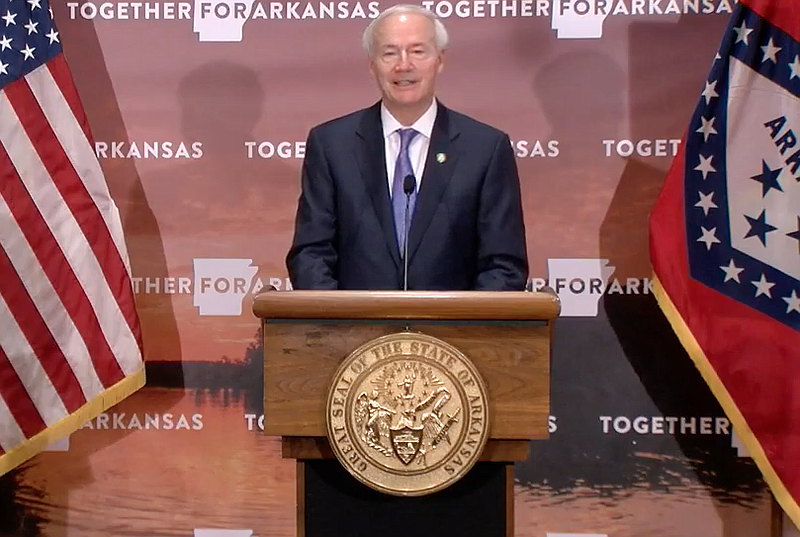 Arkansas Gov. Asa Hutchinson speaks to reporters at the state Capitol in Little Rock on Thursday in this still of video provided by the governor's office. 

