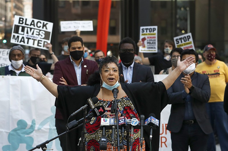 Aislinn Pulley, a founding member of Black Lives Matter in Chicago, speaks at a rally on Federal Plaza Thursday, July 23, 2020, after a collection of Chicago activists groups announced they are filing a federal lawsuit against the Chicago Police Department, Fraternal Order of Police, and the federal government, in Chicago. story.lead_photo.caption