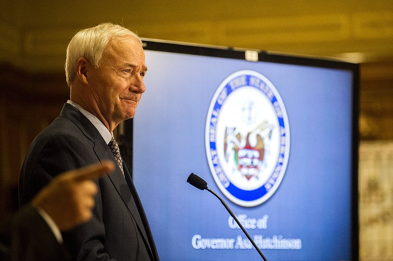 Governor Hutchinson addresses the media during his daily press conference on Arkansas’ response to COVID-19 on Friday, July 24. (Arkansas Democrat-Gazette/Stephen Swofford)