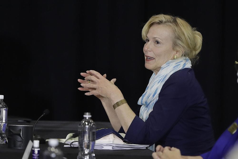 Dr. Deborah Birx, White House coronavirus response coordinator, speaks at a meeting with higher-education leaders Friday in Indianapolis. In an interview, Birx warned that the surge in coronavirus cases in the South and Southwest threatens to move north.
(AP/Darron Cummings)