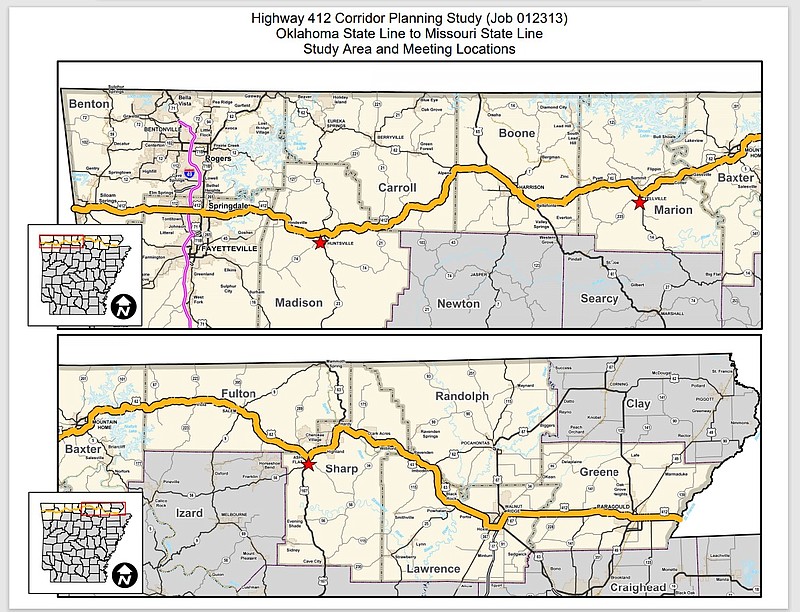 An undated map from the Arkansas Department of Transportation shows the 285-mile route of U.S. 412 as it snakes through seven counties in north Arkansas. The estimated price tag to complete a four-lane build-out of U.S. 412 from Oklahoma to the Missouri Bootheel is $2.3 billion.