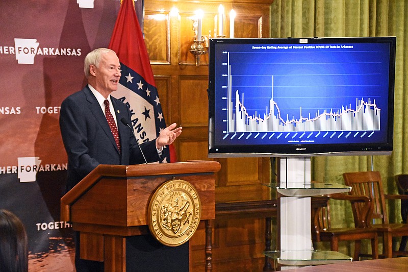 Gov. Asa Hutchinson reviews the latest coronavirus data Monday during a briefing at the state Capitol in Little Rock. (Arkansas Democrat-Gazette/Staci Vandagriff)