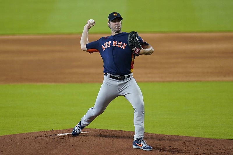 Houston Astros pitcher Justin Verlander throws during a simulated baseball game Thursday, July 9, 2020, in Houston. (AP Photo/David J. Phillip)