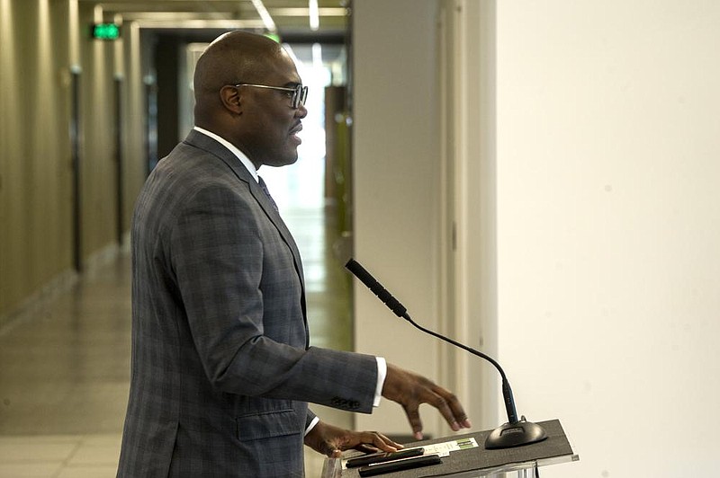 FILE - Little Rock Mayor Frank Scott Jr. talks to a limited crowd during a virtual grand opening for the new Little Rock Southwest Magnet High School on Tuesday, July 28, 2020. (Arkansas Democrat-Gazette / Stephen Swofford)