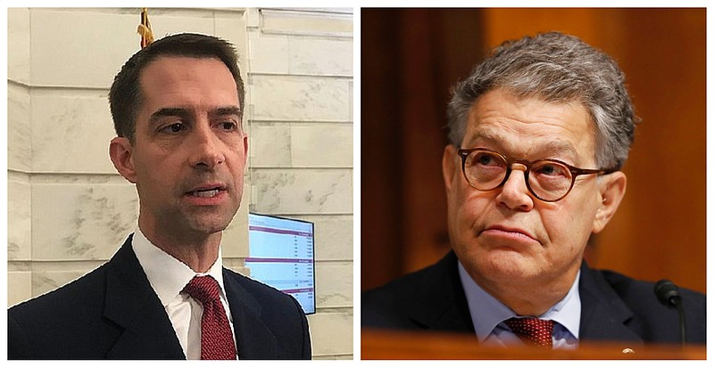 Left: U.S. Sen. Tom Cotton is shown in a file photo. Right: Former U.S. Sen. Al Franken is shown in an Associated Press file photo.