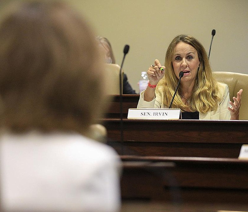 Sen. Missy Irvin, right, R-Mountain View, asks Stephanie Williams, chief of staff for the Arkansas Department of Health, a question Monday, July 27, 2020 in Little Rock during an Arkansas Legislative Council meeting at the state Capitol. (Arkansas Democrat-Gazette/Staton Breidenthal)
