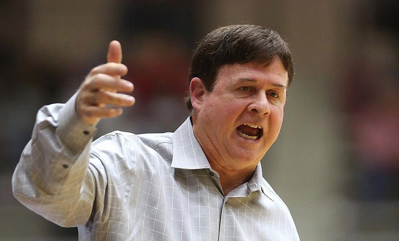 UALR head coach Joe Foley calls a play during the third quarter of the Trojans' 68-55 win on Saturday, Feb. 2, 2019, at the Jack Stephens Center in Little Rock. 
(Arkansas Democrat-Gazette/THOMAS METTHE) 