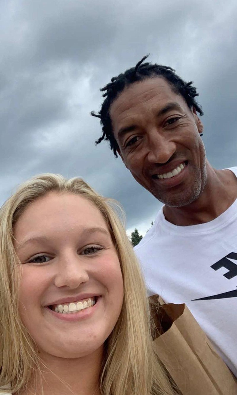 Parkers Chapel Lady Trojan Taylor Fortune met NBA legend and Arkansas native Scottie Pippen at Timberlane Meat Market Wednesday. (Contributed)